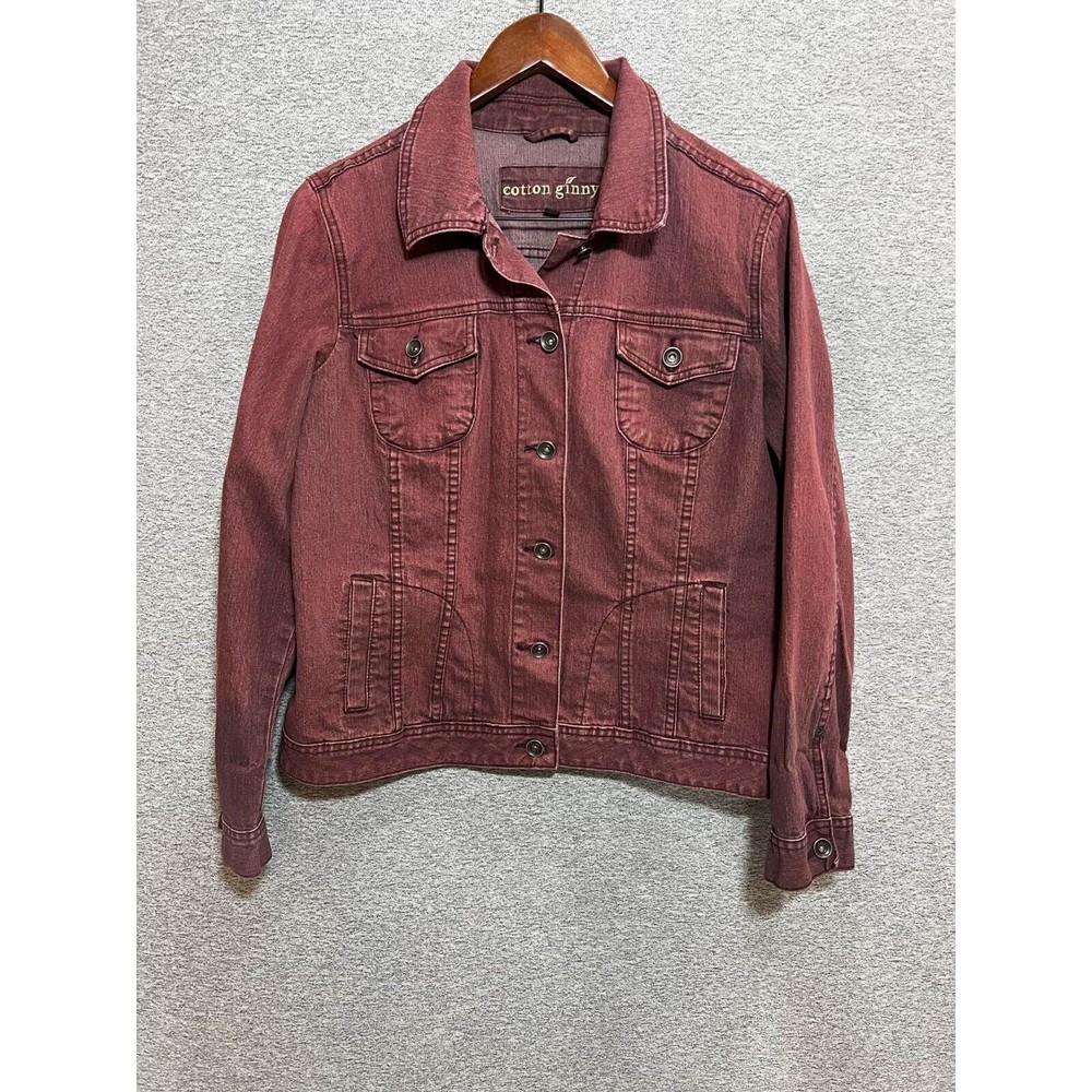 Cotton Ginny Jean Jacket Women XL Pocket Denim Button Up Long Sleeve Red